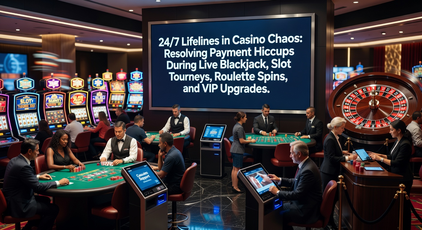 Live casino dealer at a blackjack table with chat support overlay resolving a payment issue in real-time