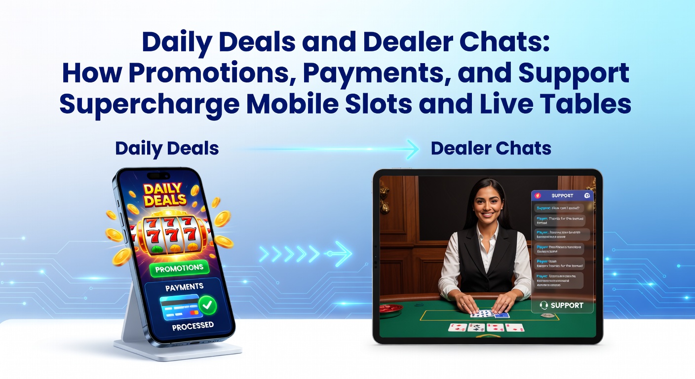 Vibrant mobile slot screen showing daily deal notifications and live dealer chat interface