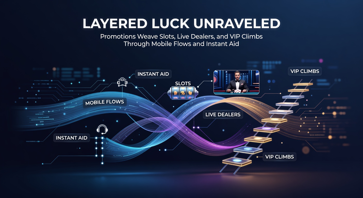 Vibrant mobile screen displaying intertwined casino promotions with slots spinning, live dealer tables, and VIP tier icons glowing in a seamless app interface