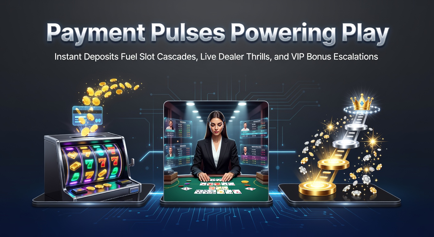 Dynamic illustration of instant payment flows energizing cascading slot wins, live dealer tables, and escalating VIP rewards in online gaming environments