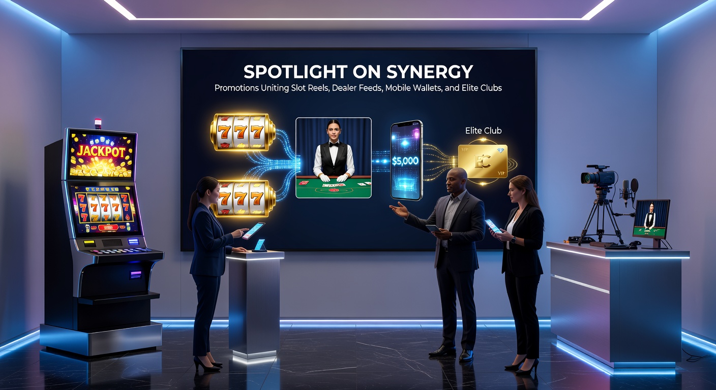 Dynamic graphic of promotions linking slot symbols to live dealer cards, mobile payment streams, and VIP crown icons in a unified casino network