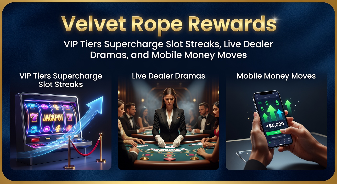 Vibrant illustration of VIP players celebrating slot wins at a velvet-roped casino lounge with live dealer tables and mobile devices in the background