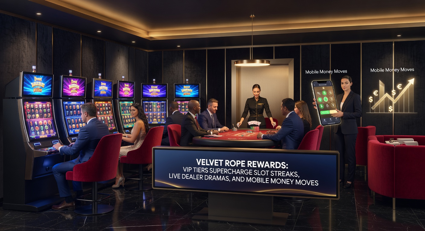 Dynamic scene of live dealer at a high-stakes table with VIP players on mobile screens, slot machines glowing in the backdrop